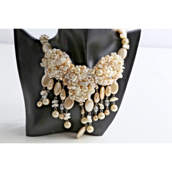 Vintage Ivory Pearl Shell Bohemian Chunky Statement Necklace Layered Beaded - Picture 6 of 15